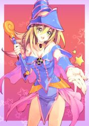 Rule 34 | 1girl, :d, bare shoulders, blonde hair, blush, blush stickers, breasts, cleavage, dark magician girl, detached sleeves, duel monster, fujikawa arika, green eyes, hat, long hair, open mouth, outstretched hand, pelvic curtain, pentacle, pentagram, smile, solo, star (symbol), wand, wizard hat, yu-gi-oh!, yu-gi-oh! duel monsters