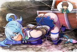 Rule 34 | 1boy, 1girl, ahoge, aqua (konosuba), arms behind back, ass, bare shoulders, bdsm, between legs, between thighs, blank stare, blue eyes, blue hair, blue shirt, blue thighhighs, blush, bondage, bound, bound ankles, bound arms, bound breasts, bound legs, bound torso, bound wrists, bow, bowtie, breast bondage, breast press, breasts, brooch, brown hair, cape, cheek bulge, cloth gag, clothes lift, collared shirt, crotch rope, crying, crying with eyes open, detached sleeves, dungeon, gag, gagged, green bow, green bowtie, green cape, hair between eyes, hair ornament, highres, improvised gag, jewelry, kono subarashii sekai ni shukufuku wo!, large breasts, layered skirt, legs, legs apart, long hair, magic, mimic, miniskirt, mouth stuffed, no panties, on ground, over the mouth gag, pendant, predicament bondage, restrained, rope, satou kazuma, shibari, shibari over clothes, shirt, short hair, skindentation, skirt, skirt lift, solo focus, spread legs, spreader bar, staff, tearing up, tears, thighhighs, thighs, thumbs up, tiedtiki, treasure chest, white shirt