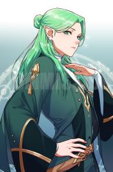 Rule 34 | 1boy, blue background, commentary, commission, drawingddoom, earrings, english text, fire emblem, fire emblem: three houses, gradient background, green eyes, green hair, hand on own hip, highres, jewelry, linhardt von hevring, long hair, long sleeves, looking at viewer, male focus, nintendo, pointy ears, simple background, solo, standing, upper body, watermark, white background