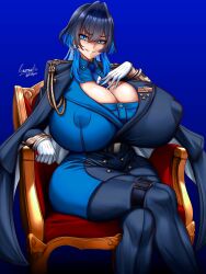 Rule 34 | 1girl, alternate breast size, black hair, blue background, blue eyes, blue hair, breasts, chair, cleavage cutout, clothing cutout, coat, coat on shoulders, covered erect nipples, cowboy shot, crossed legs, evil smile, gigantic breasts, gloves, gradient background, hair intakes, hololive, hololive english, huge breasts, long sleeves, military, miniskirt, multicolored hair, necktie, ouro kronii, ryusuke kh, simple background, sitting, skirt, smile, solo, thighhighs, two-tone hair, virtual youtuber, white gloves