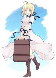 Rule 34 | 1girl, 87banana, :o, ahoge, alternate costume, artoria pendragon (all), artoria pendragon (fate), bare legs, black ribbon, blonde hair, blue sky, blush, boots, border, breasts, brown footwear, commentary request, dress, fate/stay night, fate (series), full body, green eyes, hair bun, hair ribbon, holding, holding suitcase, looking at viewer, medium breasts, open mouth, outdoors, ribbon, saber (fate), short sleeves, sidelocks, single hair bun, sky, solo, suitcase, surprised, thigh boots, white dress