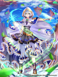 Rule 34 | 1girl, aqua eyes, artist name, belt, black skirt, blue cape, blue sky, brooch, brown footwear, cape, cloud, elementra, floating island, frills, frown, full body, gold trim, jewelry, leaf, looking at viewer, motion blur, official art, short hair, skirt, sky, standing, sysen, watermark, white cape, white hair, white sky