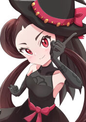 Rule 34 | 1girl, absurdres, black dress, black gloves, black hair, blush, breasts, collarbone, creatures (company), dress, game freak, gloves, hat, hat ribbon, highres, index finger raised, looking at viewer, nintendo, official alternate costume, pokemon, pokemon masters ex, red eyes, ribbon, rono (lethys), roxanne (fall 2023) (pokemon), roxanne (pokemon), simple background, sleeveless, sleeveless dress, small breasts, solo, split mouth, white background, witch hat