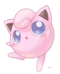 Rule 34 | :d, blue eyes, blush, bright pupils, commentary request, creatures (company), full body, game freak, gen 1 pokemon, happi xfyg, happy, jigglypuff, looking up, nintendo, no humans, open mouth, pokemon, pokemon (creature), signature, simple background, smile, solo, white background, white pupils