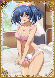 Rule 34 | 00s, 1girl, bashoku youjou, bed, blue hair, breasts, card (medium), cleavage, curvy, female focus, hair ornament, hat, ikkitousen, large breasts, looking at viewer, navel, nurse, panties, purple eyes, shiny skin, short twintails, solo, standing, twintails, underwear