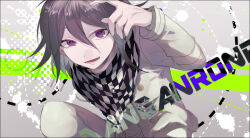 Rule 34 | 1boy, 3103vv, arm belt, belt, black border, black scarf, blood, blood splatter, border, buttons, checkered clothes, checkered scarf, commentary request, copyright name, cowboy shot, danganronpa (series), danganronpa v3: killing harmony, fingernails, gradient background, grey background, hair between eyes, hand up, jacket, layered sleeves, long sleeves, lower teeth only, male focus, multiple belts, oma kokichi, open mouth, partial commentary, polka dot, purple eyes, purple hair, scarf, short hair, simple background, smile, solo, squatting, teeth, thigh belt, thigh strap, two-tone scarf, white belt, white blood, white jacket, white scarf, white sleeves
