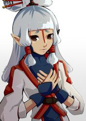 Rule 34 | 1girl, belt, blue shirt, bridal gauntlets, brown eyes, chimehara, collarbone, facial mark, fingerless gloves, forehead mark, gloves, hair ornament, hair tubes, hand on own chest, highres, jacket, long hair, looking at viewer, nintendo, paya (zelda), pointy ears, shirt, simple background, solo, the legend of zelda, the legend of zelda: breath of the wild, upper body, white background, white hair