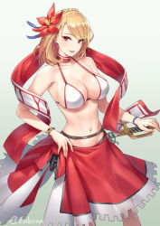 Rule 34 | 1girl, azur lane, bangle, bikini, blonde hair, blush, bracelet, braid, breasts, choker, cleavage, collarbone, crown braid, cuboon, flower, french braid, hagoromo, hair flower, hair ornament, halterneck, hand on sword, jewelry, large breasts, looking at viewer, navel, parted lips, prince of wales (azur lane), prince of wales (sun shining upon windsor) (azur lane), red eyes, saber (weapon), shawl, short hair, side-tie skirt, skindentation, skirt, smile, solo, stomach, strap, swimsuit, sword, twitter username, weapon