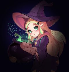Rule 34 | 1girl, absurdres, black dress, black hat, blonde hair, cauldron, commentary, dress, english commentary, green eyes, hair ornament, hairclip, hat, highres, holding, long hair, long sleeves, looking at viewer, nin10ja, nintendo, open mouth, oven mitts, pointy ears, princess zelda, solo, the legend of zelda, witch hat