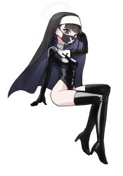 Rule 34 | 1girl, 28 (282teeth), alternate costume, ass, black footwear, black gloves, black hair, black headwear, black leotard, blue archive, blunt bangs, boots, commentary request, extra, full body, gloves, grey eyes, habit, halo, high heels, highleg, highleg leotard, highres, justina follower (blue archive), leotard, long hair, long sleeves, looking at viewer, mask, mouth mask, nun, sidelocks, simple background, sitting, solo, sukeban (smg) (blue archive), surgical mask, thigh boots, white background