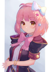 Rule 34 | 1girl, ahoge, blue bow, blunt bangs, blush, bow, bowtie, bracelet, brown eyes, chieru (princess connect!), hair bow, hair ornament, hairband, highres, hood, hooded coat, jewelry, looking at viewer, pink bow, pink bowtie, pink hair, pink hairband, princess connect!, shimon (31426784), short hair, short sleeves, sleeves rolled up, solo, star (symbol), star hair ornament, star in eye, symbol in eye