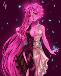 Rule 34 | 1girl, absurdres, animification, black dress, black nails, blue butterfly, breasts, bug, butterfly, butterfly on hand, cleavage, coconuthound, colored skin, commentary, crown, dress, english commentary, halterneck, heterochromia, highres, insect, long hair, looking at viewer, lore olympus, nail polish, parted lips, persephone (lore olympus), pink eyes, pink hair, pink skin, pink theme, red eyes, simple background, sleeveless, solo, split theme, standing, two-tone dress, very long hair, white dress