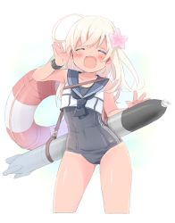 Rule 34 | 1girl, commentary request, covered navel, crop top, flower, hair flower, hair ornament, kantai collection, lifebuoy, long hair, neneko-n, one-piece swimsuit, one-piece tan, open mouth, ro-500 (kancolle), sailor collar, school swimsuit, school uniform, serafuku, smile, solo, swim ring, swimsuit, tan, tanline, torpedo
