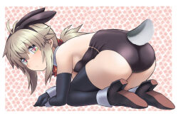 Rule 34 | 1girl, all fours, animal ears, antenna hair, ass, bare shoulders, black footwear, black gloves, black hairband, black leotard, black thighhighs, bow, breasts, brown hair, closed mouth, collar, commentary, detached collar, fake animal ears, from behind, full body, gloves, hair between eyes, hairband, high heels, koshirae tsurugi, leotard, long hair, low ponytail, m.m, medium breasts, original, ponytail, rabbit ears, rabbit tail, red bow, shoe soles, solo, strapless, strapless leotard, tail, thighhighs, white collar