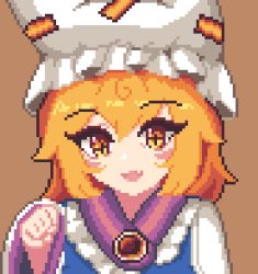 Rule 34 | 1girl, animal hat, blonde hair, blush, brown background, clenched hand, dress, eyelashes, fang, hair between eyes, hat, long sleeves, looking at viewer, mob cap, open mouth, paw pose, pixel art, simple background, skin fang, smile, solo, standing, tabard, touhou, upper body, white dress, white hat, yakumo ran, yellow eyes, youmo de chihuo