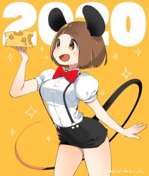 Rule 34 | 1girl, 2020, :d, animal ears, ariorihaberi, text background, black shorts, bob cut, bow, bowtie, brown eyes, brown hair, cheese, chinese zodiac, collared shirt, commentary, cowboy shot, fake animal ears, fake tail, food, holding, holding food, kill la kill, leaning forward, mankanshoku mako, mouse ears, mouse tail, open mouth, orange background, puffy short sleeves, puffy sleeves, red bow, red bowtie, shirt, short hair, short shorts, short sleeves, shorts, simple background, smile, solo, sparkle, standing, suspender shorts, suspenders, tail, twitter username, white shirt, year of the rat
