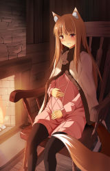 Rule 34 | 1girl, animal ear fluff, animal ears, black pantyhose, blunt bangs, blush, breasts, brown hair, chair, dress, fireplace, fur trim, grin, hand on own stomach, happy, holo, indoors, leggings, long hair, pantyhose, pregnant, red eyes, rocking chair, shiseki hirame, sitting, small breasts, smile, solo, spice and wolf, sweater, sweater dress, tail, wolf ears, wolf tail