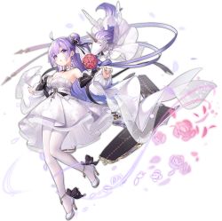 Rule 34 | 1girl, :o, ahoge, anklet, azur lane, bare shoulders, black bow, black footwear, black ribbon, blush, bouquet, bow, breasts, bride, choker, cleavage, copyright name, detached collar, detached sleeves, dress, earrings, flight deck, flower, full body, hair bun, hair flower, hair ornament, hair ribbon, high heels, highres, holding, holding bouquet, jewelry, kaede (yumesaki kaede), long hair, long sleeves, looking at viewer, medium breasts, official alternate costume, official art, one side up, open mouth, pantyhose, parted lips, petals, pink flower, pink rose, purple eyes, purple hair, red flower, ribbon, rigging, rose, see-through, shoes, side bun, single hair bun, single side bun, solo, standing, standing on one leg, strapless, strapless dress, stuffed animal, stuffed toy, stuffed winged unicorn, transparent background, unicorn (a dream of pure vows) (azur lane), unicorn (azur lane), very long hair, wedding dress, white dress, white flower, white footwear, white pantyhose, wide sleeves
