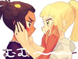 Rule 34 | 1boy, 1girl, :t, blonde hair, blush, braid, brown hair, closed mouth, commentary request, creatures (company), dark-skinned male, dark skin, eye contact, eyelashes, from side, frown, game freak, green eyes, hau (pokemon), high ponytail, lillie (pokemon), looking at another, nintendo, pokemon, pokemon sm, pout, sarami (sa rami30), shirt, short hair, simple background, upper body, white background, white shirt