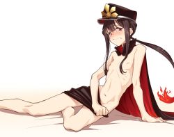 Rule 34 | 1boy, arm support, aya shachou, blush, cape, covering privates, covering crotch, embarrassed, fate/grand order, fate (series), flaming hair, full body, long hair, looking down, male focus, naked cape, nipples, nude, oda nobukatsu (fate), ponytail, red eyes, ribs, sidelocks, simple background, sitting, solo, tears, white background, yokozuwari