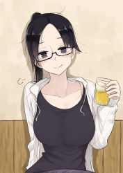 Rule 34 | 1girl, absurdres, alcohol, beer, black-framed eyewear, black hair, blush, breasts, closed mouth, glasses, highres, holding, jacket, large breasts, long sleeves, looking at viewer, messy hair, open clothes, open jacket, original, rucchiifu, semi-rimless eyewear, smile, solo, tank top, under-rim eyewear