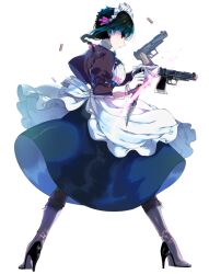 Rule 34 | 1girl, apron, black hair, black jacket, black skirt, blue skirt, boots, braid, braided ponytail, breasts, cropped jacket, dress, floating, floating clothes, floating hair, floating object, gloves, grey footwear, hair ribbon, high heel boots, high heels, holding, holding knife, holding weapon, jacket, juliet sleeves, kimi wa meido-sama, knee boots, knife, legs apart, light particles, long hair, long sleeves, maid, maid headdress, medium breasts, pink ribbon, profile, puffy sleeves, ribbon, shell casing, shirt, short hair with long locks, shotan, single braid, skirt, slashing, sleeve cuffs, solo, standing, tossing, waist apron, weapon, white apron, white background, white gloves, white shirt, yuki (kimi wa meido-sama)