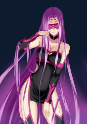 Rule 34 | 1girl, bare shoulders, blindfold, boots, breasts, choker, cleavage, cleavage cutout, clothing cutout, detached sleeves, dress, facial mark, fate/grand order, fate (series), finger to mouth, forehead mark, highres, hip vent, kikken, large breasts, long hair, medusa (fate), medusa (rider) (fate), purple hair, short dress, side slit, solo, strapless, strapless dress, thigh boots, thighhighs, very long hair