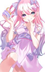 Rule 34 | 1girl, absurdres, dress, finger to mouth, green eyes, hair ornament, hair ribbon, heterochromia, highres, himemori luna, himemori luna (1st costume), hololive, kanae (inorin05kanae), knee up, long hair, looking at viewer, pink dress, pink hair, purple eyes, ribbon, simple background, smile, solo, teeth, virtual youtuber, white background