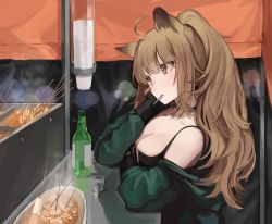Rule 34 | 1girl, absurdres, ahoge, animal ears, arknights, black choker, black shirt, bottle, breasts, brown eyes, brown hair, choker, cleavage, cup, drinking glass, food, green jacket, highres, jacket, large breasts, lion ears, long hair, long sleeves, looking away, medium breasts, mouth hold, off shoulder, official alternate costume, open clothes, open jacket, ponytail, seorang, shirt, siege (arknights), siege (legacy) (arknights), sleeveless, sleeveless shirt, solo, spaghetti strap, steam