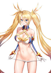 Rule 34 | 1girl, absurdres, bare shoulders, bikini, bikini tug, blonde hair, blue eyes, blush, bradamante (fate), bradamante (third ascension) (fate), braid, breasts, cleavage, collarbone, criss-cross halter, elbow gloves, fate/grand order, fate (series), french braid, gloves, greem bang, groin, hair between eyes, hair ornament, halterneck, highres, large breasts, long hair, looking at viewer, navel, parted lips, sidelocks, simple background, smile, solo, stomach, swimsuit, thigh strap, thighs, toned, twintails, very long hair, white background, white bikini