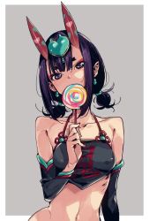 Rule 34 | 1girl, bare shoulders, breasts, candy, chinese clothes, clothes writing, collarbone, commentary request, crop top, detached sleeves, dudou, earrings, eyelashes, fate/grand order, fate (series), food, hair ornament, head tilt, heart, heart hair ornament, highres, holding, holding food, horns, imigimuru, jewelry, lollipop, looking at viewer, navel, oni, pointy ears, purple eyes, purple hair, short hair, short twintails, shuten douji (fate), shuten douji (fate/grand order), shuten douji (halloween caster) (fate), skin-covered horns, small breasts, solo, twintails, two-tone background, upper body