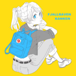 Rule 34 | 1girl, alternate hairstyle, ayase eli, backpack, bag, belt, blue bag, blue eyes, commentary request, cropped shirt, full body, greyscale with colored background, hand on own chin, kashikaze, looking at viewer, love live!, love live! school idol project, medium hair, pants, ponytail, scrunchie, simple background, sitting, solo, spot color, yellow background