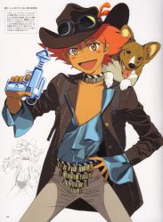 Rule 34 | 1girl, :d, absurdres, androgynous, animal, animal ear fluff, animal on shoulder, blue shirt, blush stickers, brown jacket, choker, commission, cowboy bebop, cowboy hat, cowboy shot, cowboy western, dark-skinned female, dark skin, dog, edward wong hau pepelu tivrusky iv, ein (cowboy bebop), finger on trigger, flat chest, fringe trim, goggles, goggles on head, goggles on headwear, grey legwear, gun, hair between eyes, hand on own hip, hat, highres, holding, holding water gun, inset, jacket, kawamoto toshihiro, leather, leather jacket, lineart, low-cut, official art, open clothes, open jacket, open mouth, open shirt, page number, pants, red hair, reverse trap, scan, shaded face, shirt, short hair, simple background, smile, solo, spread legs, striped choker, tomboy, tongue, tongue out, translated, water gun, weapon, welsh corgi, white background, yellow eyes