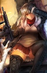 Rule 34 | 1girl, ahoge, assault rifle, black footwear, black thighhighs, boots, breasts, cross-laced footwear, fur trim, gun, hand on own head, harusame-r, jacket, lace-up boots, large breasts, long hair, looking at viewer, m4 carbine, original, red eyes, rifle, scarf, silver hair, sitting, skirt, snow, solo, submachine gun, sweater, thigh boots, thighhighs, weapon, zettai ryouiki