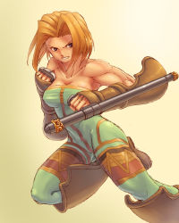 Rule 34 | 1girl, armpits, bad id, bad pixiv id, bare shoulders, black eyes, black footwear, blonde hair, boots, brass knuckles, breasts, brown eyes, cleavage, clenched teeth, collarbone, female focus, final fantasy, final fantasy tactics, gauntlets, gloves, gradient background, holding, holding weapon, medium breasts, momigara (mmgrkmnk), monk (fft), muscular, muscular female, short hair, simple background, solo, square enix, teeth, toned, tonfa, unitard, weapon