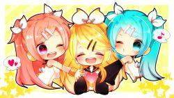 Rule 34 | 3girls, aqua eyes, aqua hair, blonde hair, chibi, detached sleeves, closed eyes, future style (module), hair ornament, hairclip, hatsune miku, headset, heart, kagamine rin, long hair, mami (sweetcandy), megurine luka, multiple girls, musical note, one eye closed, open mouth, pink eyes, project diva (series), project diva f, red hair, rin-chan now! (vocaloid), twintails, very long hair, vocaloid, wink