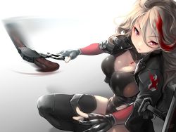 Rule 34 | 1girl, black gloves, black jacket, black leotard, black thighhighs, breasts, brown hair, cleavage, cleavage cutout, clothing cutout, commentary request, exoskeleton, gem, girls&#039; frontline, gloves, gun, hair between eyes, jacket, jewelry, large breasts, leotard, lever action, long hair, looking at viewer, m1887 (girls&#039; frontline), motion blur, multicolored hair, partially fingerless gloves, pendant, red eyes, red gemstone, red hair, reloading, shield, shield module, shotgun, side cutout, signature, solo, streaked hair, thighhighs, usuki (graygreed), wavy hair, weapon, winchester model 1887
