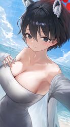 Rule 34 | 1girl, absurdres, animal ears, beach, black eyes, black hair, blue archive, blue sky, breasts, cleavage, cloud, dress, halo, hand on own chest, highres, jacket, large breasts, looking at viewer, nanimonine9, raccoon ears, raccoon girl, red halo, short hair, sky, solo, tsubaki (blue archive), water, white dress, white jacket