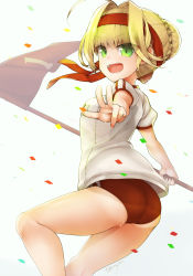 Rule 34 | :d, ass, bad id, bad pixiv id, blonde hair, braid, buruma, commentary request, confetti, eyes visible through hair, fate/grand order, fate (series), fingernails, from behind, green eyes, hair bun, hair intakes, headband, highres, looking at viewer, looking back, nero claudius (fate), nero claudius (fate) (all), nero claudius (fate/extra), nero claudius (olympian bloomers) (fate), official alternate costume, open mouth, puffy short sleeves, puffy sleeves, shirt, short hair, short sleeves, signature, single hair bun, smile, solo, standing, standing on one leg, sweat, tanyatonya, v, white shirt