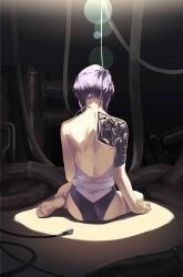 Rule 34 | 1girl, absurdres, back, bare shoulders, barefoot, cable, cyborg, ghost in the shell, ghost in the shell stand alone complex, highleg, highleg leotard, highres, kusanagi motoko, leotard, medium hair, purple hair, science fiction, silent-bird, sitting, spotlight, wire
