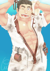 Rule 34 | 1boy, abs, bara, brown hair, feet out of frame, komazo (komanokura), kajiya kurogane, large pectorals, long sideburns, looking at viewer, male focus, muscular, muscular male, navel, nipple slip, nipples, one eye closed, open clothes, pectoral cleavage, pectorals, short hair, sideburns, sleeves rolled up, solo, stomach, sweat, thick eyebrows, thick thighs, thighs, tokyo houkago summoners, unzipped, wiping sweat