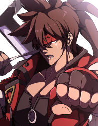 Rule 34 | 1boy, :o, absurdres, arc system works, black jacket, brown hair, clenched hand, collarbone, commentary request, fingerless gloves, forehead protector, foreshortening, gloves, gokuu (acoloredpencil), guilty gear, guilty gear strive, hair between eyes, headband, highres, jacket, long hair, lower teeth only, male focus, multicolored clothes, multicolored jacket, muscular, muscular male, open clothes, open jacket, outrage mk ii, pectorals, ponytail, red eyes, red jacket, simple background, sol badguy, solo, spiked hair, sword, teeth, upper body, weapon, white background