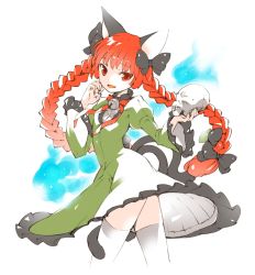 Rule 34 | 1girl, animal ears, bow, braid, cat ears, cat tail, commentary request, hair bow, ichizen (o tori), kaenbyou rin, long hair, looking at viewer, multiple tails, red eyes, red hair, revision, skull, solo, tail, thighhighs, touhou, twin braids, twintails, white thighhighs