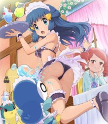 Rule 34 | 3girls, :o, absurdres, ankle strap, ass, bikini, blue eyes, blue hair, breasts, closed mouth, creatures (company), cup, curtains, cynthia (pokemon), dawn (pokemon), drill hair, drink, drinking glass, elbow rest, flat chest, frilled bikini, frills, game freak, gen 2 pokemon, gen 4 pokemon, highres, holding, holding tray, indoors, long hair, looking at viewer, looking back, looking down, maid, maid bikini, maid cafe, maid headdress, matching hair/eyes, multiple girls, nintendo, open mouth, parfait, pink hair, piplup, pokemoa, pokemon, pokemon (anime), pokemon (creature), pokemon dppt (anime), quilava, red eyes, small breasts, spill, swimsuit, table, thigh strap, tray, twin drills, unconventional maid, ursula (pokemon), window, wrist cuffs