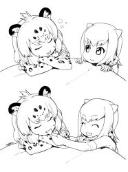 Rule 34 | 10s, 2girls, 2koma, :d, ^ ^, animal ears, closed eyes, comic, crossed arms, elbow gloves, extra ears, closed eyes, fingerless gloves, gloves, greyscale, jaguar (kemono friends), jaguar ears, jaguar print, kemono friends, looking at another, mizu, monochrome, multiple girls, open mouth, otter ears, print gloves, short hair, silent comic, sleeping, small-clawed otter (kemono friends), smile, tongue, tongue grab, tongue out, v-shaped eyebrows