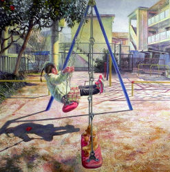 Rule 34 | 1girl, black hair, braid, child, denim, hashimoto reina, highres, jacket, jeans, oil painting (medium), original, painting (medium), pants, playground, shoes, skirt, sneakers, solo, stuffed toy, swing, tokyo (city), traditional media, tree, twin braids, twintails