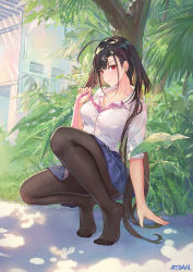 Rule 34 | 1girl, ahoge, anchor hair ornament, artist name, atdan, azur lane, black hair, black pantyhose, blue skirt, blush, breasts, closed mouth, collarbone, collared shirt, commentary request, convenient leg, day, earrings, feet, fine fabric emphasis, full body, hair ornament, hand up, highres, independence (azur lane), jewelry, large breasts, light particles, long hair, looking at viewer, miniskirt, nature, no shoes, outdoors, pantyhose, pink neckwear, pleated skirt, red eyes, revision, shirt, skirt, sleeves pushed up, slit pupils, smile, solo, squatting, tree, tree shade, very long hair, white shirt