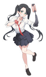 Rule 34 | 1girl, aningay, black footwear, black hair, blue skirt, blush, breasts, cellphone, cleavage, collarbone, collared shirt, copyright request, dress shirt, forehead, full body, green eyes, head tilt, highres, loafers, long hair, looking at viewer, necktie, parted bangs, phone, pink scrunchie, pleated skirt, prosthesis, prosthetic arm, red necktie, school uniform, scrunchie, shirt, shoes, short sleeves, simple background, skirt, small breasts, smile, solo, standing, standing on one leg, thick eyebrows, twintails, very long hair, white background, white shirt, wrist scrunchie
