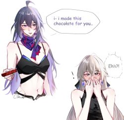 Rule 34 | 2girls, ahoge, bare arms, bare shoulders, black shirt, blush, breasts, bronya rand, camisole, commentary, crop top, earrings, glaciel, grey eyes, grey hair, honkai: star rail, honkai (series), jewelry, long hair, midriff, multiple girls, navel, open mouth, purple eyes, purple hair, purple scarf, scarf, seele (honkai: star rail), shirt, simple background, small breasts, spaghetti strap, stomach, upper body, very long hair, white background, yuri