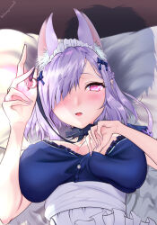 Rule 34 | 1girl, absurdres, animal ear fluff, animal ears, blush, bow, breasts, clothes pull, extra ears, fox ears, fox girl, from above, hair bow, hair ornament, hair over one eye, heart, heart-shaped pupils, highres, holding, indie virtual youtuber, kamishiro natsume, kitsune, large breasts, looking at viewer, lying, maid, maid headdress, medium hair, mi ka n 73, on back, open mouth, pillow, purple hair, purple nails, red eyes, solo, symbol-shaped pupils, upper body, virtual youtuber